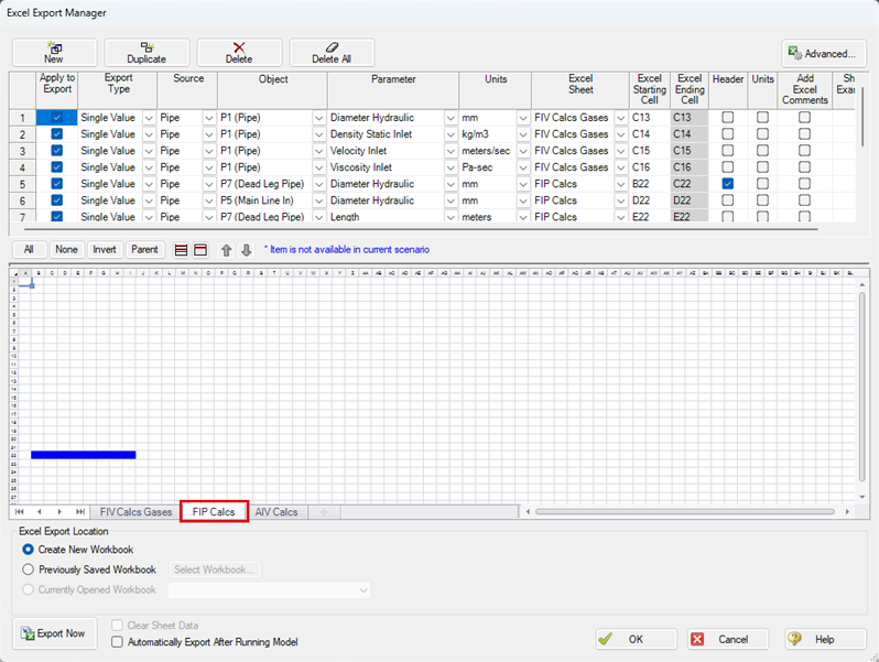 Screen shot of the Excel Export Manager window